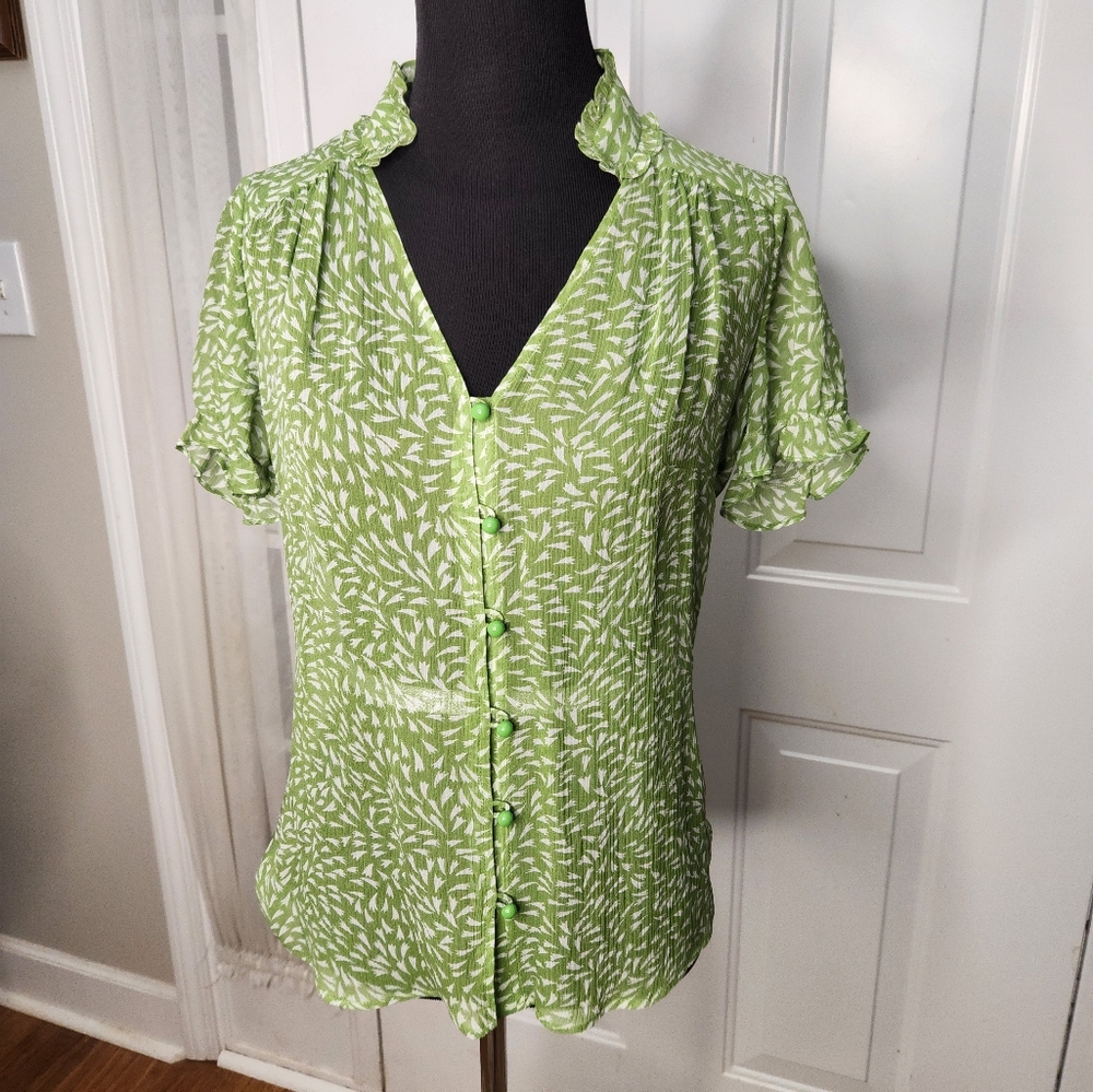 Banana Republic Green and White Scalloped Collar and Puff Sleeves Sheer Size XS